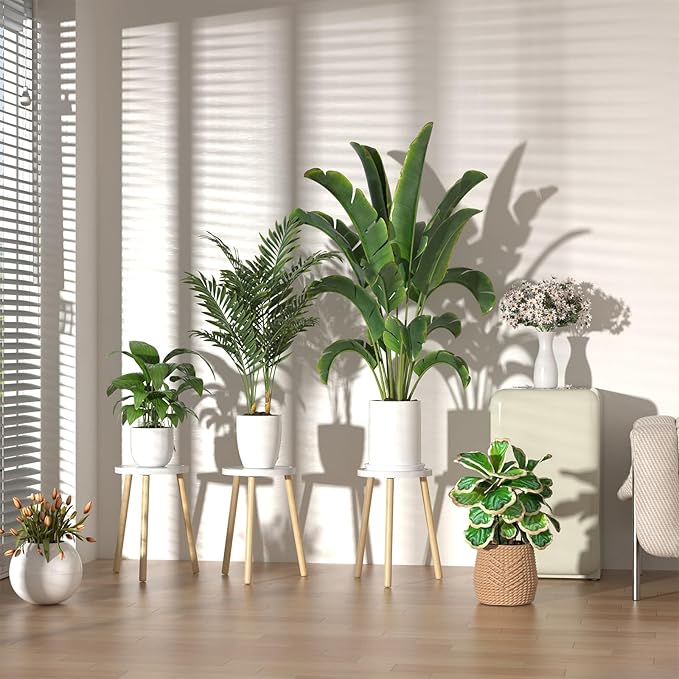 Wood Plant Stands Indoor, 16.7" Tall Plant Stand Outdoor Mid-Century Plant Stool, Single Plant Table Modern Small Round Side/End Table for Living Room, Balcony, Office(White)
