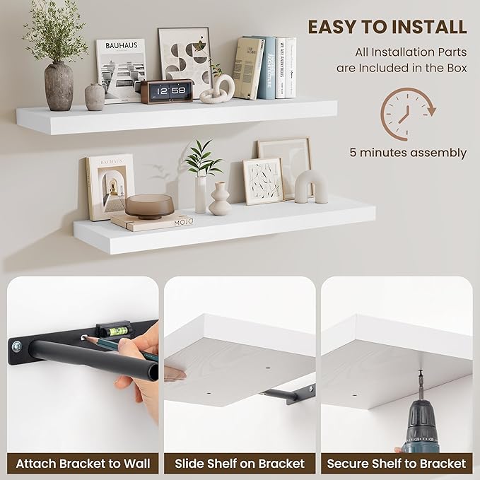 Fun Memories Wood Floating Shelves 16 Inch, 10 Inch Deep Shelves Wall Mount, Wall Shelves with Invisible Bracket, 16" Floating Shelves for Living Room Bathroom Bedroom, White, Set of 2