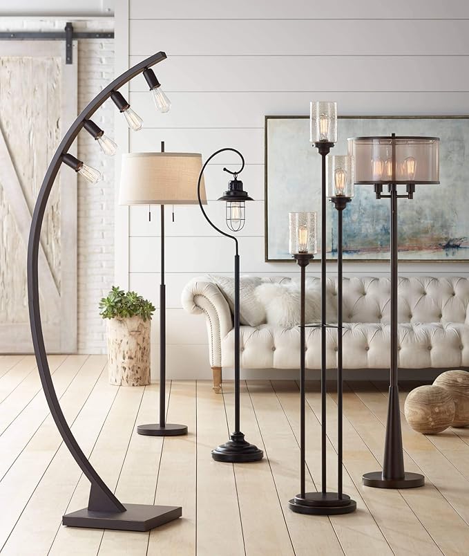 Franklin Iron Works Libby Modern Industrial Tree Floor Lamp Standing 66" Tall Oiled Bronze Metal 3-Light Amber Seedy Glass for Living Room Reading Bedroom Office House Home Decor