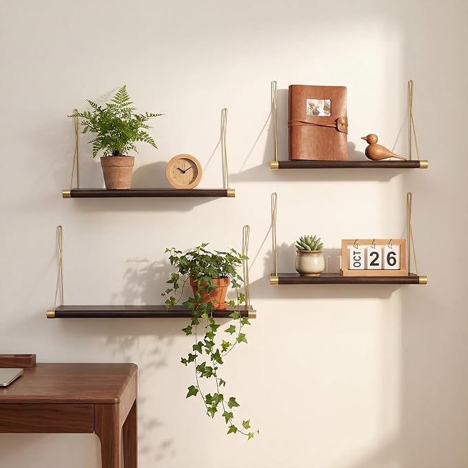 Pinkunn 4pcs Mid Century Modern Decor Walnut Floating Shelves for Wall Mounted Storage Shelves Solid Wood Rustic Decorative Shelving Living Room Bedroom Coffee Bar Bathroom Display Plant Photo