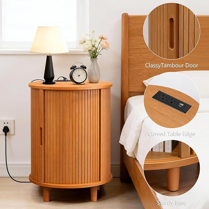 DHH Round End Table with Storage & Charging Station, Fluted Accent Side Table with Sliding Door & Adjustable Shelf, Mid-Century Nightstand for Small Spaces, Living Room, Bedroom (1, Yellow Walnut)