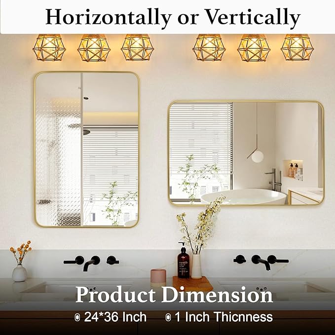Gold Wall Mirror for Bathroom 24X36 Inch Stainless Steel Metal Frame Bathroom Vanity Mirror Rounded Rectangle Mirror Rustproof for Entryway, Living Room Hangs Vertically or Horizontally