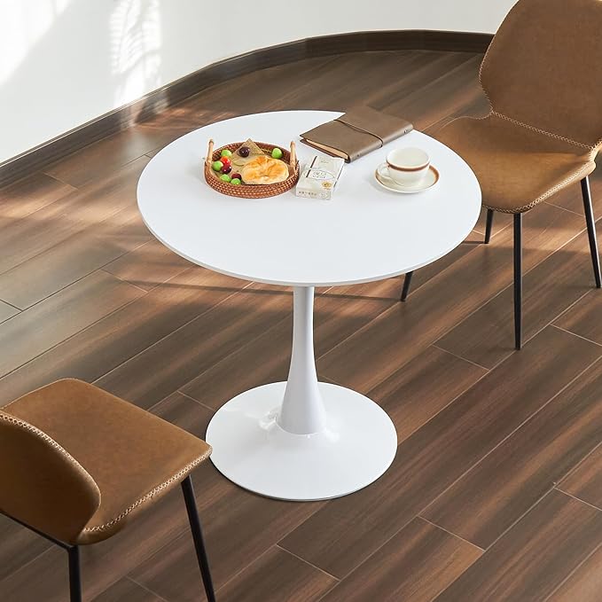 Round Dining Table, 24" Circle Tulip Table with Thickened Tabletop & Metal Pedestal, Mid Century Modern Bistro Table for Kitchen, Small Places, Living Room, Cafe (White)