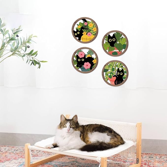 TOARTi 4PCS Boho Black Cat Wall Art Farmhouse Floral Cat Hanging Wood Sign Botanical Kitten Wall Decor Plant Cats Room Decor Floral Leaves Cat Wooden Sign for Living Room Bedroom Decoration
