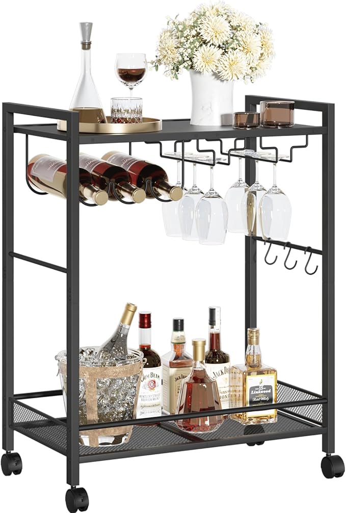 Bar Cart, Home Bar Serving Cart with 2-Tier Shelf,Rolling Beverage Cart with Wheels,Mobile Kitchen Shelf,Modern Black Wine Drink Cart with Wine Rack and Glass Holder for Kitchen,Dinning Room