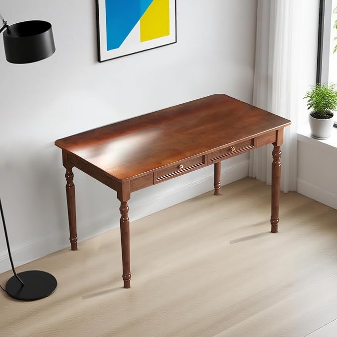 Solid Wood French Country Desk,Writing Desk with Storage Drawers,Farmhouse Computer Table Makeup Table Modern Simple Style,for Home Office Living Room Study Workspace Bedroom (Walnut, 47.2IN)