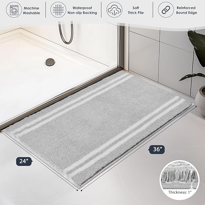 PURRUGS Bathroom Rug Non-Slip Machine Washable 24" x 36", Super Absorbent and Quick Dry Shaggy Microfiber Bath Mat, Extra Soft and Plush Bath Rug for Bathtub, Shower, and Sink, Light Grey