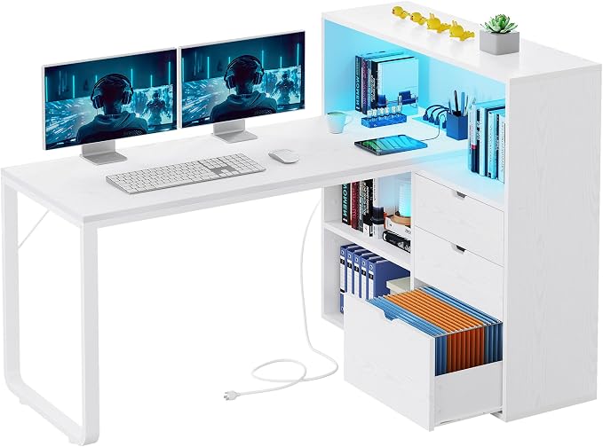 YITAHOME L Shaped Desk with Power Outlets, 55" Computer Desk with Drawers & Bookshelf, Home Office Desk with LED Lights, Corner Desk with File Cabinet, White