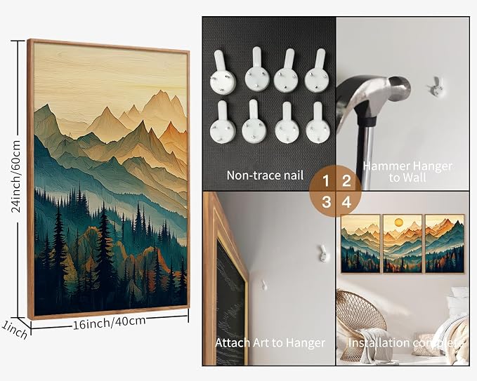 Tinonedraw Large Mountain Framed Canvas Wall Art Set of 3, Boho Nature Forest Wall Decor, Neutral Wooden Pine Trees Artwork, Sunrise Ridge Landscape Art Printing for Living Room Bedroom Office 16"x24"