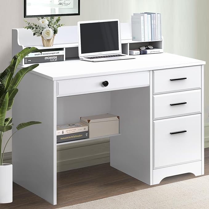 Catrimown Computer Desk with 4 Drawers and Hutch, Home Office White Writing Desk with File Drawer and Shelves for Small Spaces, Small Desk Study Table for Bedroom