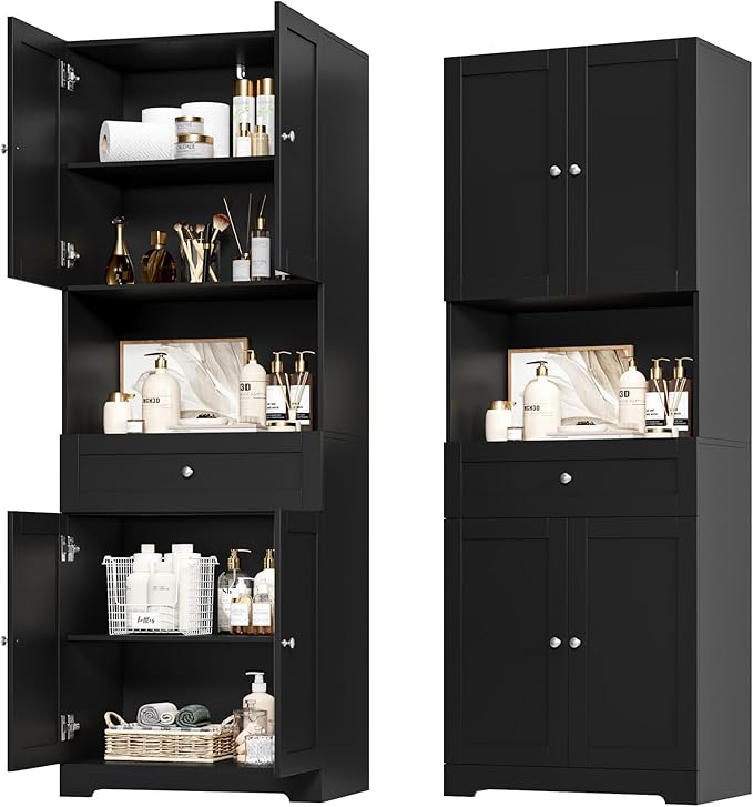 HIFIT Tall Bathroom Storage Cabinets, Modern Linen Storage Cabinet with 4 Doors & Shelves & Drawer, 67" H Tall Storage Cabinet Freestanding for Bathroom, Living Room, Kitchen & Dining, Pantry, Black | Modern, 4 Doors, Shelves, Drawer, Tall Storage Cabi...