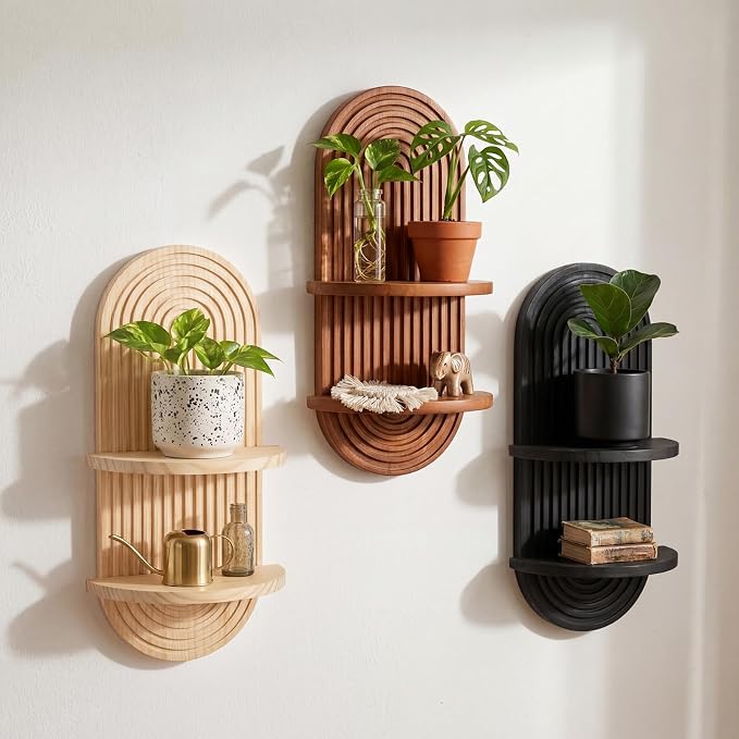 Pinkunn 3 Pcs Boho Wall Decor Floating Plant Wall Shelf Modern Mid Century Decor Hanging Natural Wood Planter Holder for Home Bathroom Bedroom Living Room Office Holding Planter 15.75 x 6.69 Inches