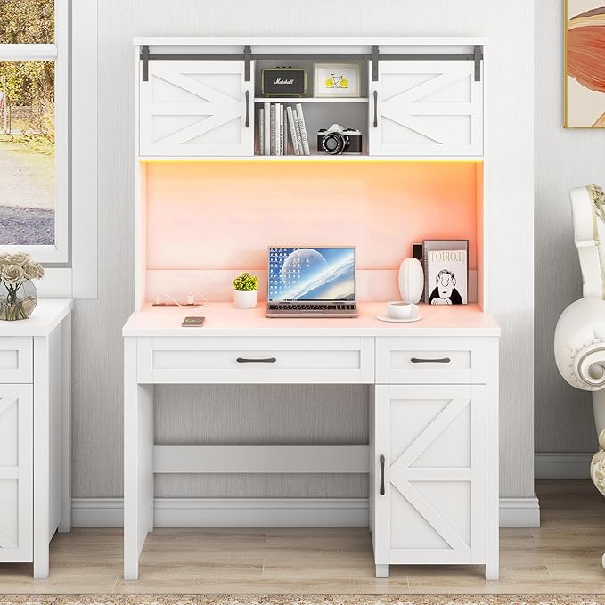 Vabches Farmhouse 47" Executive Desk, Computer Desks with 2 Drawers and Storage Cabinet, Home Office Desk with Hutch and Charging Station, Workspace for Work and Study (Cream White