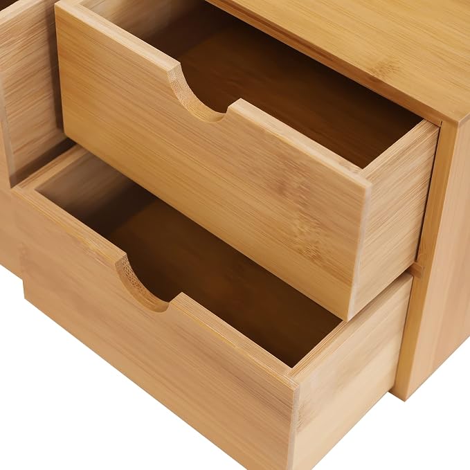 Bamboo Desk Organizer Small Retro Bamboo Tabletop Storage Box with Drawers& Recess Handles for Office Home Supplies Table Storage Collector 13 * 7.5 * 6in (3 Drawers/1 Left&2 Right)
