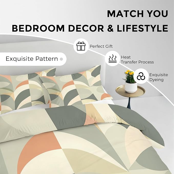 Sage Green Geometric Duvet Cover Oversized King Size, Boho Abstract Bedding Set 3 pcs with 2 Pillow Covers, Mid Century Modern Bedroom Decor, Soft Microfiber Reversible, Zipper & Ties KJJT 109
