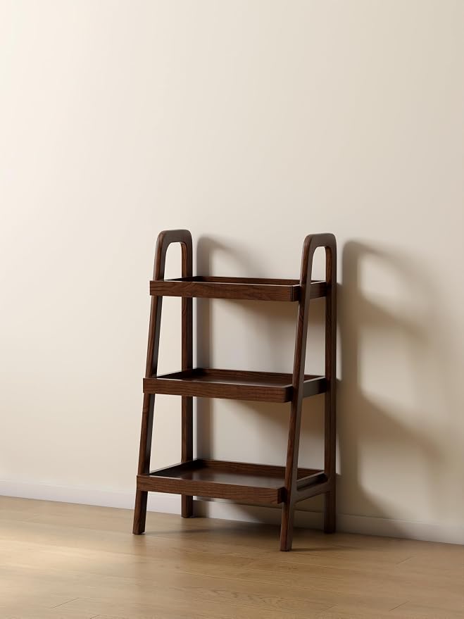 100% Solid Oak 3 Tier Ladder Shelf for Saving Space, Small Bookshelf with Stable Frame, Free Standing Ladder Shelves for Living Room Bedroom Couch, (Walnut, 17.72" W x 12.6" L x 31.5" H)