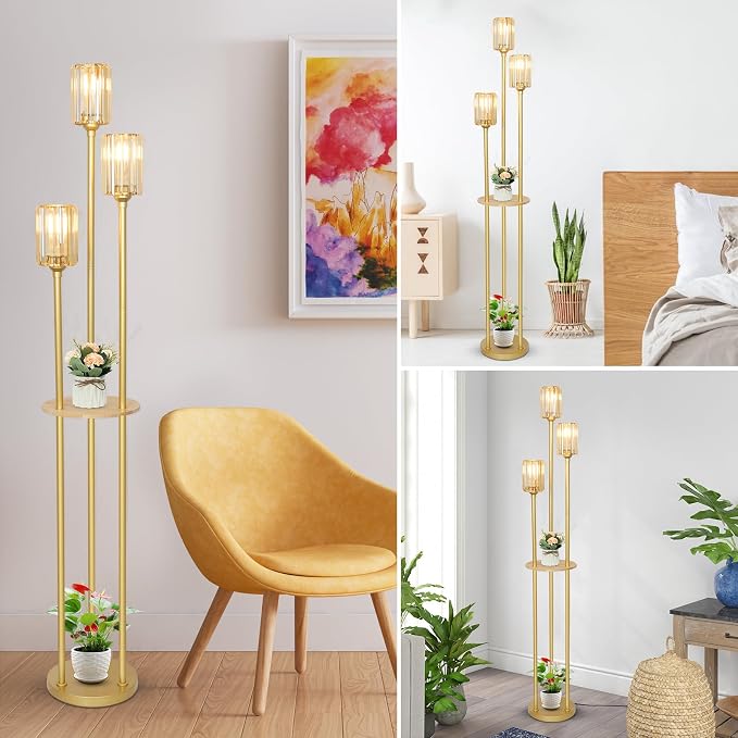 HMVPL Gold Standing Lamp with Shelf, Vintage Floor Lamp for Living Room, Retro Floor Lamp with Table, Mid Century Tall Lamp with Amber Crystal Shade, On/Off Switch, Brass Boho Corner Lamp for Bedroom