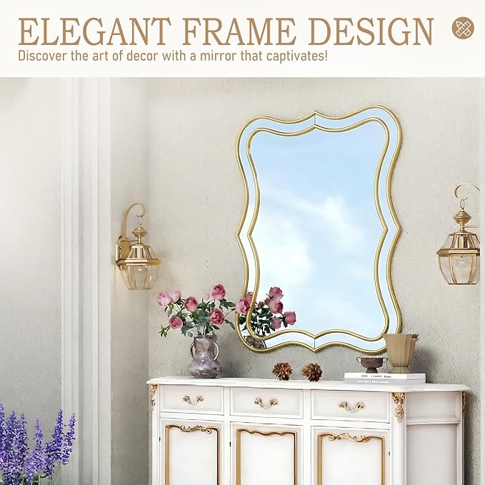 Gold Scalloped Wall Mirror, 24”x32“ Rectangle Wavy Mirrors, Wall Decor Mirror for Living Room,Bedroom,Bathroom,Entryway