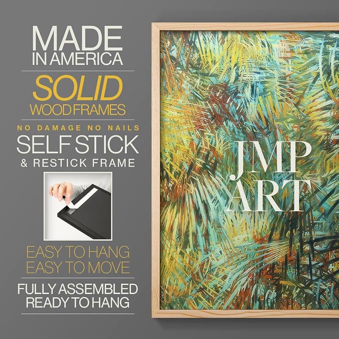 Renditions Gallery Set of 2 Peel & Stick Framed Prints, Nature Abstract Wall Art, Green Leafy Design Wall Decor, Re-Stickable - Ready to Hang - 22"x28" - NATURAL WOOD Frame LT588