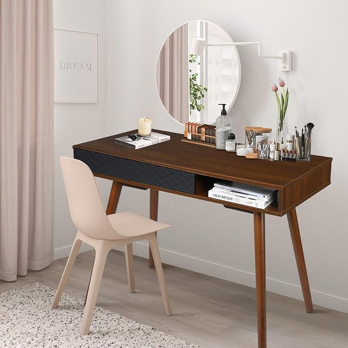 GAOMON Modern Simple Home Office Desk, Mid Century Modern Computer Writing Desk with Drawer Solid Wood Legs and Open Storage Cubby, Small Vanity Table Desk for Bedroom (Walnut)