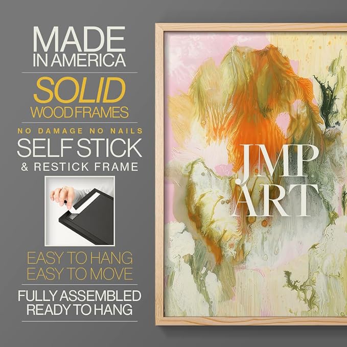 Renditions Gallery Set of 2 Peel & Stick Framed Prints, Modern Abstract Wall Art, Mix Color Oil Paint Design Wall Decor, Re-Stickable - Ready to Hang - 11"x14" - NATURAL WOOD Frame LT588