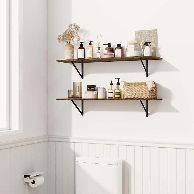 Fun Memories Deep Floating Shelves for Wall, 24W x 8D Wall Mounted Shelves Set of 2, Wide Display Ledge Shelf with Sturdy Metal Brackets for Living Room, Bathroom, Bedroom and Kitchen, Rustic Brown