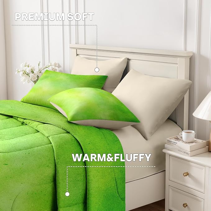 7Pcs Comforter Set Full Size, Modern Lime Green Lemon, Bedding Decor Watercolor Pastel Dye Stained Abstract Bedroom Bed Set with Flat Sheet Fitted Sheet Pillowcases Shams for Kids and Adults