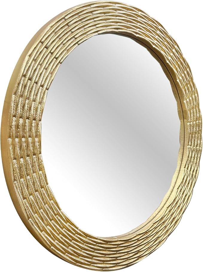 WAMIRRO Gold Round Wood Mirror, 36 Inch Hand Carved Solid Wood Frame Circle Mirror for Wall Mount, Farmhouse Boho Decor for Living Room, Bathroom, Bedroom, Hallway & Entryway