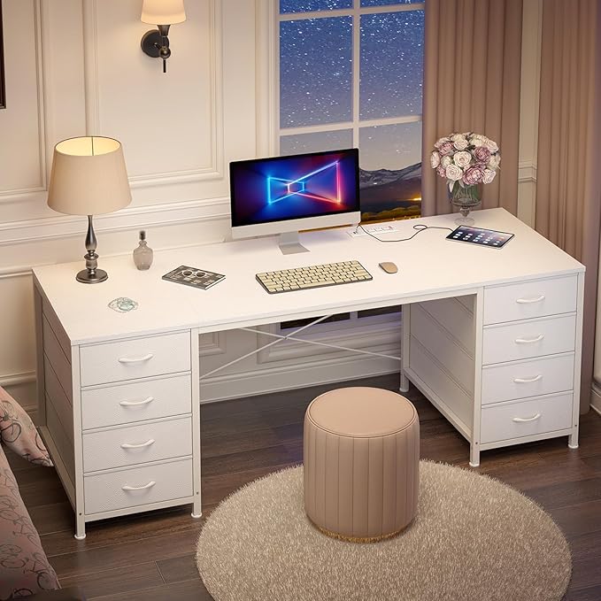 60 Inch Computer Desk with 8 Drawers, Home Office Desk with Power Outlets, Work Study Gaming Desk with 8 Fabric Drawers
