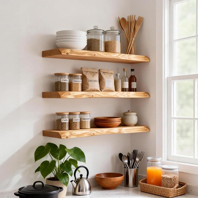 24 Inch Wooden Floating Shelves for Wall Set of 2, Finnish Spruce Solid Wood Shelf, Natural Wood Floating Shelves for Living Room, Bathroom, Bedroom, Kitchen, Natural Finish