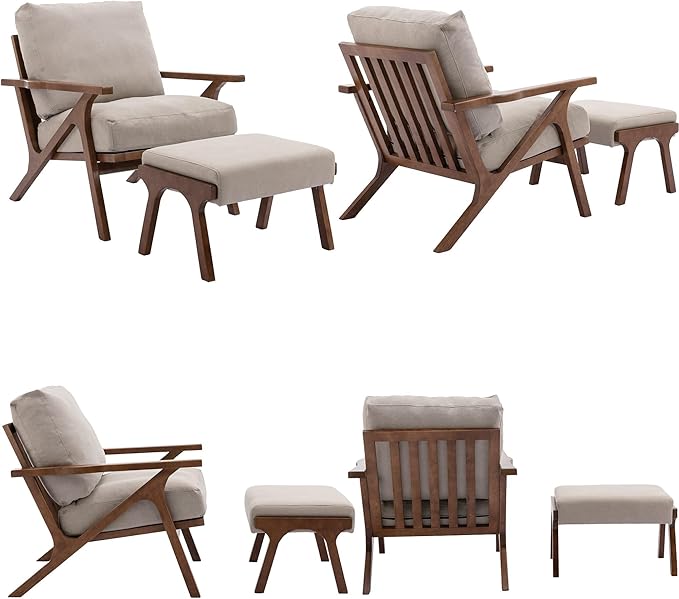 HNY Mid Century Modern Accent Chair with Ottoman, Farmhouse Linen Upholstered Living Room Armchair and Ottoman Set, 23" Seat Wide Retro Leisure Lounge Chair with Wood Frame for Home, Bedroom, Beige