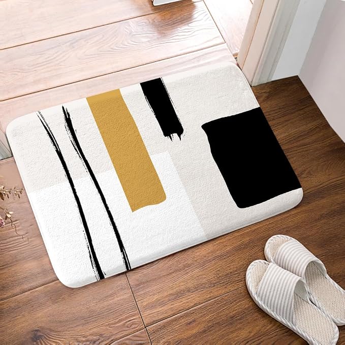 Abstract Modern Bath Mat for Bathroom, Geometric Minimalist Black and White Flannel Floor Rug, Non-Slip Shower Mat, Beige Yellow Tan Doormat, Accessories Decor 17x29inch