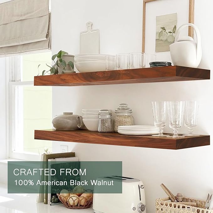 Walnut Wood Floating Shelves,Thicker and Wider Sturdy Wood Shelf for Wall Mount,Great for Bathroom,Bedroom,Kitchen and Living Room Decor,24 x 6 x 1.5 inch, Set of 2 (Walnut, 24")