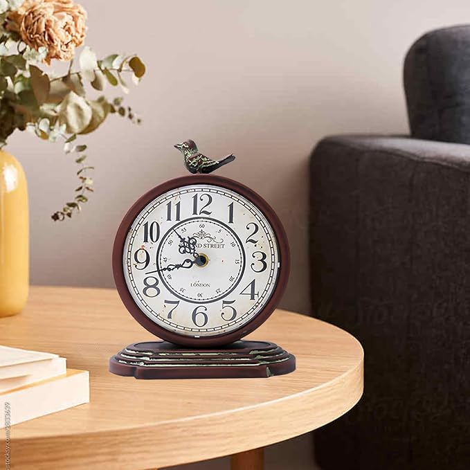 HZDHCLH Vintage Table Clock with Bird,Retro Mantel Clock Battery Operated,Metal Clock for Living Room Shelf Desk Table Fireplace Decor (Rufous)