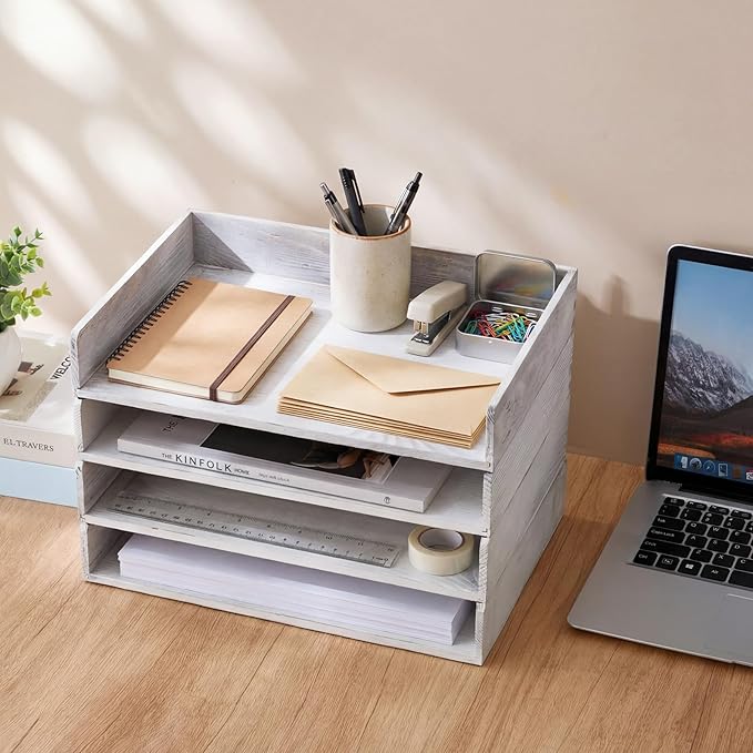 Yeaqee 4 Pcs Stackable Paper Organizer Tray Wood Desk Organizer Letter Tray Paper Holder Desktop Letter Size Office Wooden Desk Shelf Folder Organization Rack for Mail File Document (Vintage White)
