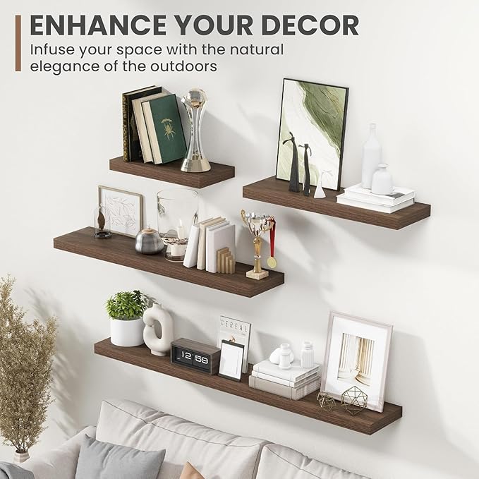 48 Inch Floating Shelves, 8 Inch Deep Floating Shelves for Wall, Hanging Shelf with Invisible Brackets, Deep Shelves for Bathroom, Bedroom, Living Room, Walnut, Set of 2