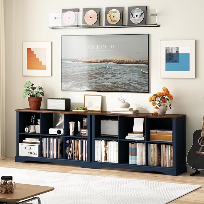 6 Cube Storage Organizer - 47.4" Farmhouse Wood Low Bookshelf, 3 Tier Horizontal Open Shelf Bookcase Cubby Storage Console Cabinet for Living Room, Entryway, Office, Navy Blue