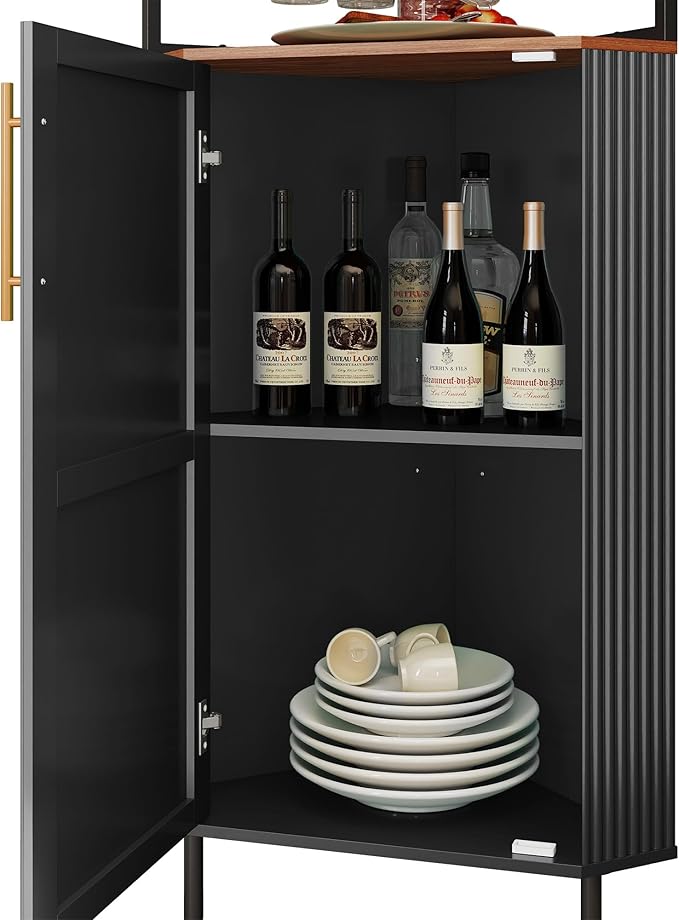 ARTPOWER Corner Bar Cabinet with LED Strip, 4-Tiers Modern Corner Coffee Bar with Glass Holder, Fluted Tall Liquor Cabinet for Kitchen, Dining Room, Living Room, Black