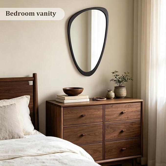 HOMECOOKIN 30" H x 19" W Asymmetrical Mirror, Irregular Wooden Wall Mirror for Bedroom, Living Room,Entryway– Mid-Century Modern Decorative Mirror, Solid Wood Frame, Pebble Shaped Design (Dark Brown)