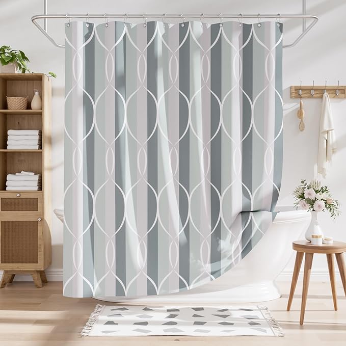 AmazerBath Shower Curtain Sets, Washable Cloth Geometric Green-Grey Stripped Fabric Shower Curtain with 12 Metal Hooks, Luxury Home Farmhouse Polyester Bathroom Decor Shower Curtains, 72x72 Inches