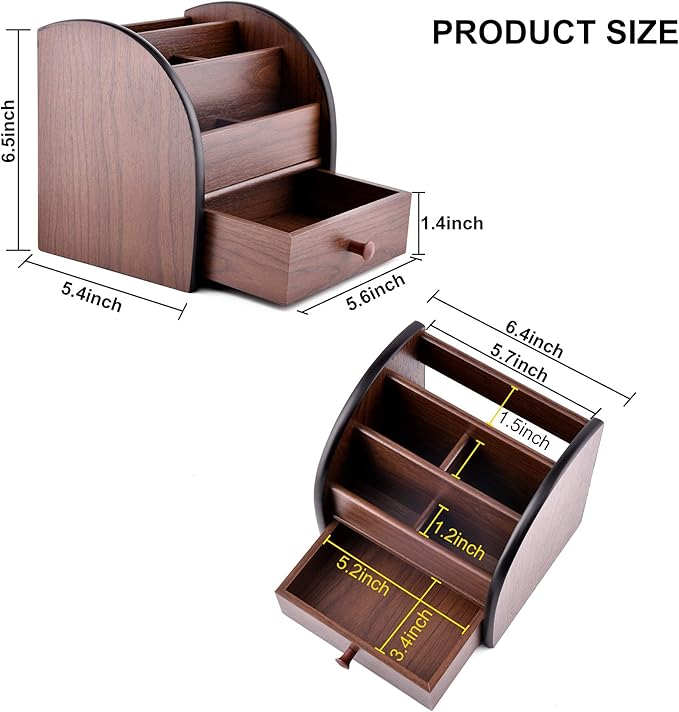 Siveit Wooden Desktop Organizer with Drawer, Multifunctional Office Supply Storage - Remote Control Caddy Holder