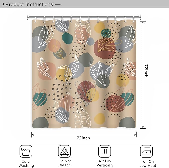 Abstract Mid Century Boho Leaves Colorful Geometric Pattern Shower Curtain, Washable Polyester Durable Fabric Aesthetics Bath Shower Curtain with Hooks, 72x72 Inch