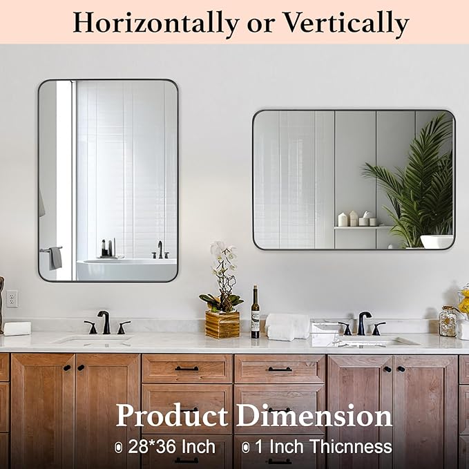 Black Bathroom Mirror 28X36 Inch Rounded Rectangle Wall Mirror Stainless Steel Metal Frame Vanity Mirror Anti-Rust for Entryway, Bathroom, Vanity, Living Room Hangs Vertically or Horizontally