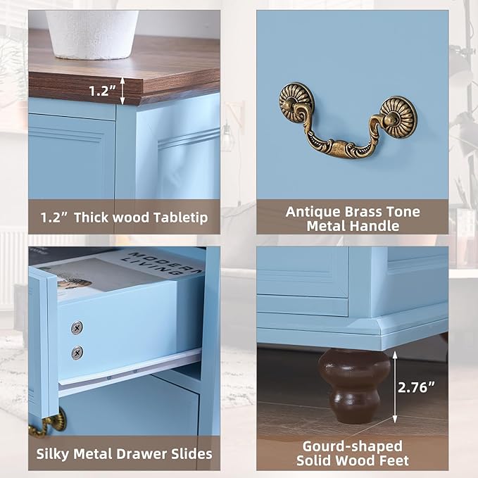 Farmhouse 7 Drawers Dresser Sets of 2 for Bedroom, Light Blue 54 Inch Wide Chest of Drawers w/ 4 Wooden Legs, Large Vintage Rustic Closet Dressers for Living Room, Wood TV Stand