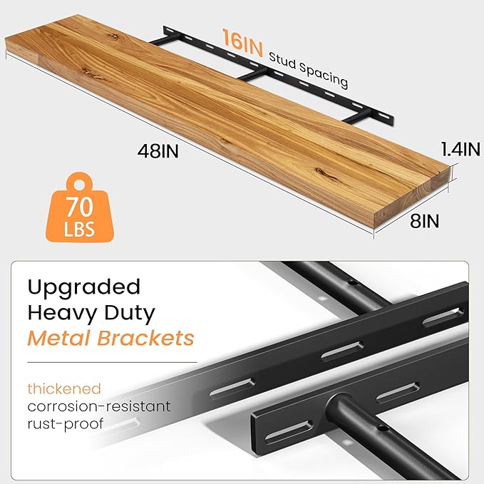 Fun Memories 48" Floating Shelves for Wall, Rustic Solid Elm Wood Floating Shelves - Invisible Bracket Mount, Extra Long Wall Mounted Shelf for Living Room, Bathroom, Bedroom, Kitchen, Natural