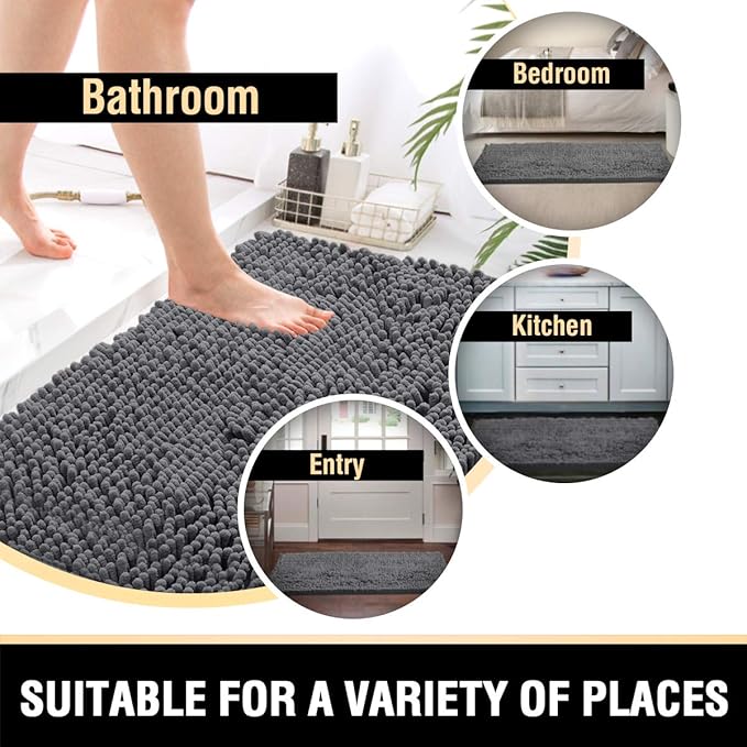 H.VERSAILTEX Bathroom Rugs Bath Mats Non Slip Luxury Chenille Bathroom Runner Rug 59x20 Extra Soft and Absorbent Shaggy Rugs Washable Dry Fast Area Carpet Mats for Bath Room, Tub - Grey