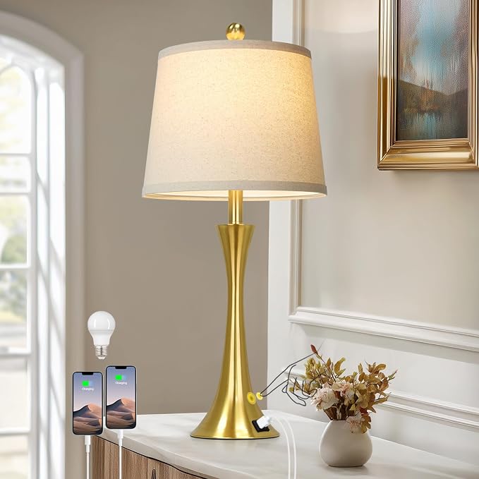 Rinweey 27.5" Gold Lamps for Living Room, Touch Control 3-Way Dimmable Bedside Nightstand Lamps Bedroom Lamp,Modern Gold Table Lamp with USB A+C Ports,Tall Lamps for Living Room End Table(1Pack)