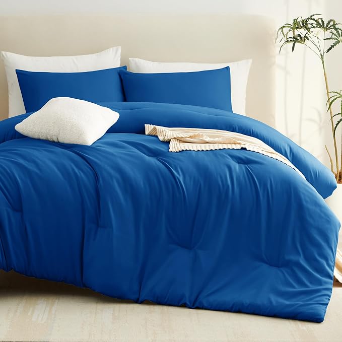 CozyLux Full Size Comforter Set Classic Blue, 3 Pieces Lightweight Down Alternative Quilted Bedding Sets, All Season Soft Breathable Solid Comforter with 2 Pillowcases, Luxury Bed Set Gift for Home