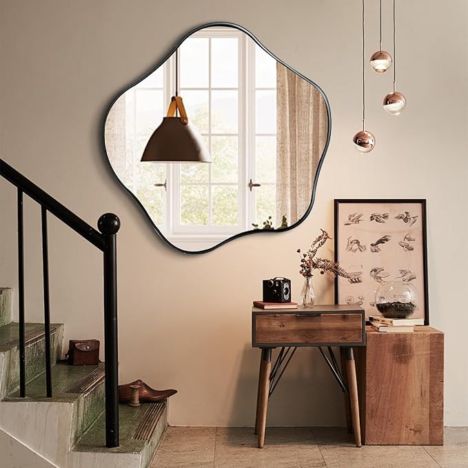 Irregular Shaped Mirror, 28" Asymmetrical Rounded Mirror Decorative, Modern Abstract Wall Mirrors with Metal Frame, Scalloped Mirrors for Living Room Bathroom Bedroom Hallway Entryway