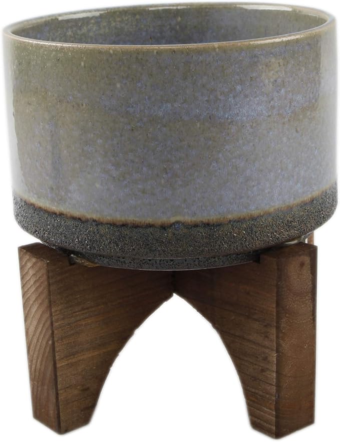 Flora Bunda Mid Century 7 inch Lava Ceramic on Wood Stand, Blue